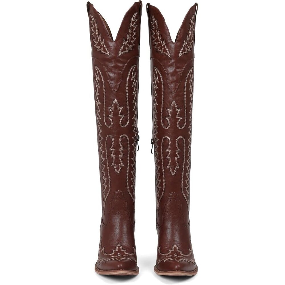 Women Over The Knee Western Boots Classic Embroidered Chunky Heel Slip On Brown - Picture 5 of 6